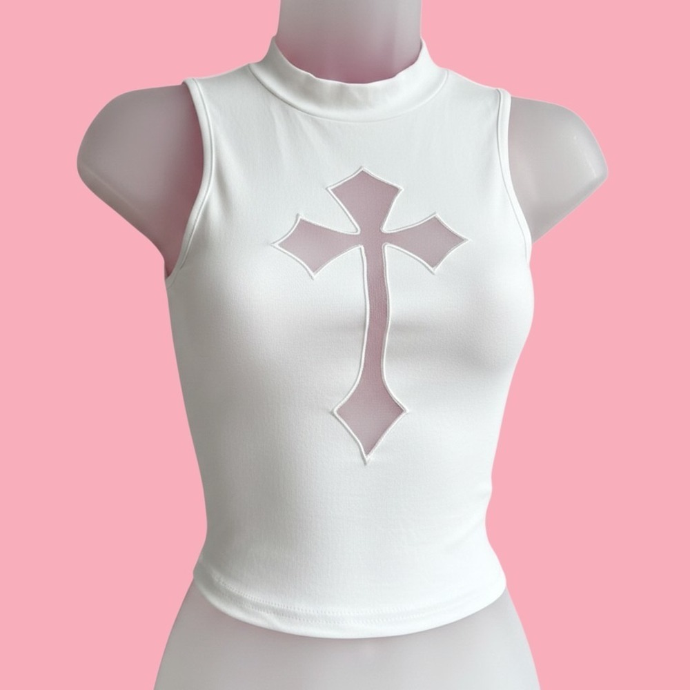 New XS White Sleeveless Mock Neck Crop Top‎ Mesh Cross Cutout Grunge Alt Style